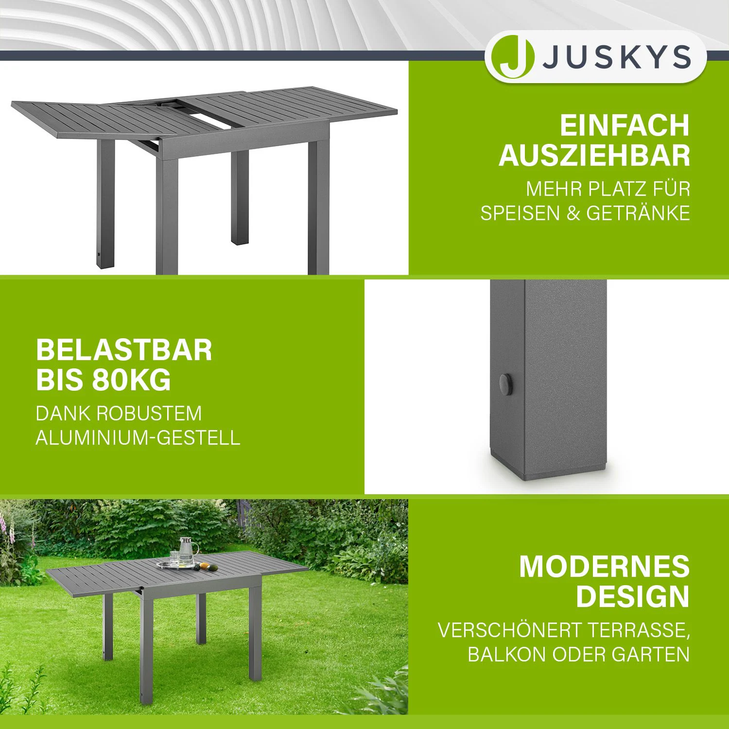 Juskys Gartentisch Laki 70x70 cm ausziehbar - Alu Esstisch - Balkonmöbel Gartenmöbel Anthrazit