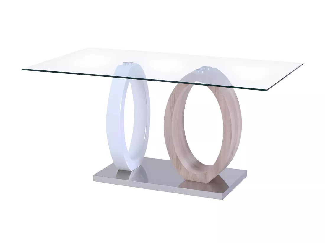 Table à manger AYANE - 6 personnes - Verre trempé et MDF - Chêne & Blanc