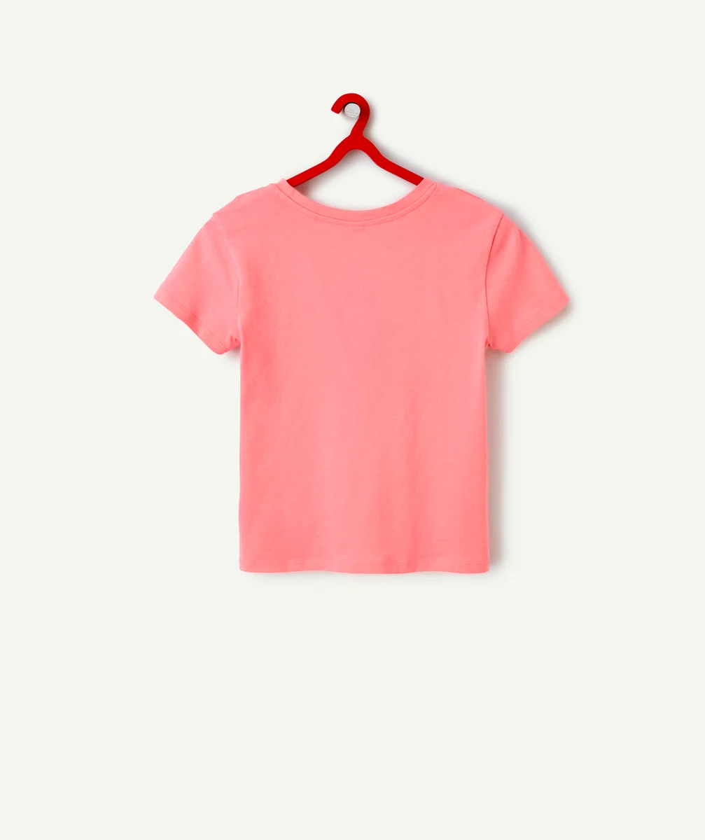 T-SHIRT MANCHES COURTES FILLE EN COTON BIO ROSE AVEC MESSAGE ROUGE