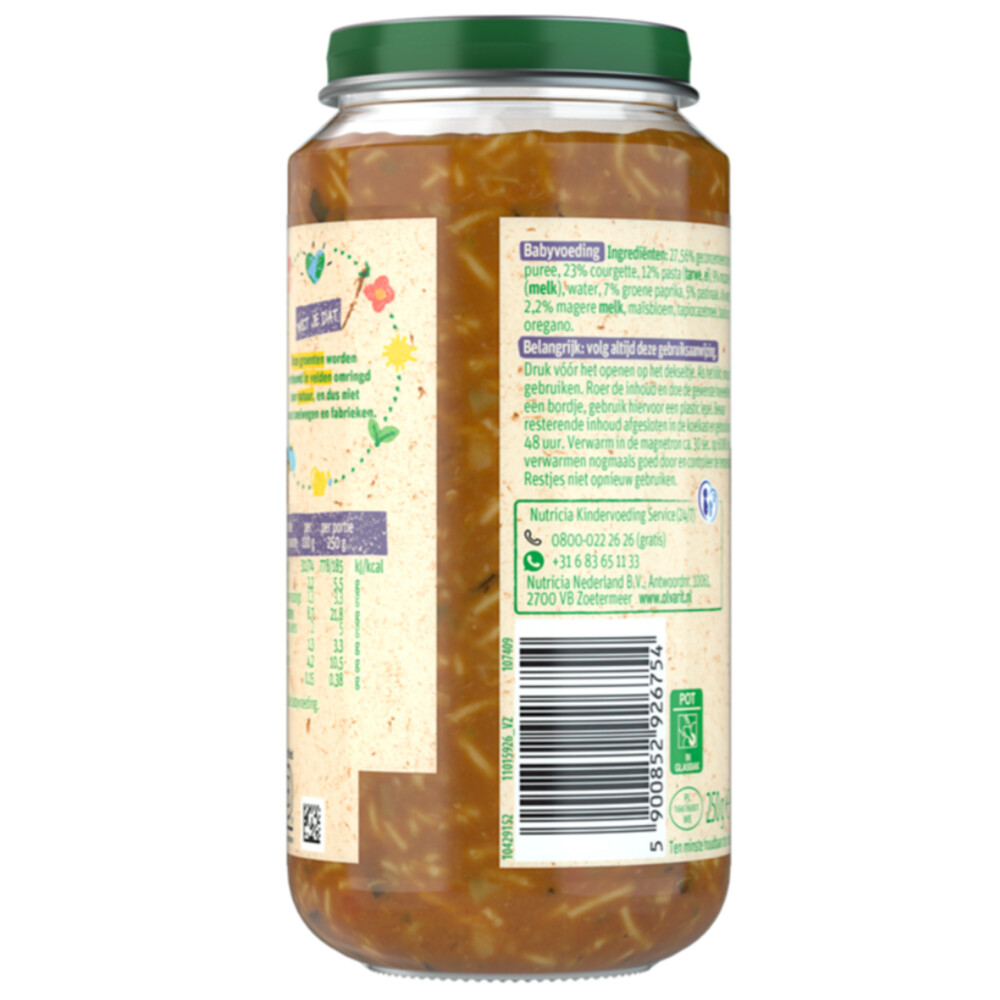 6x Olvarit Maaltijd 15m Vegetarische pasta Courgette Mozzarella250 gr