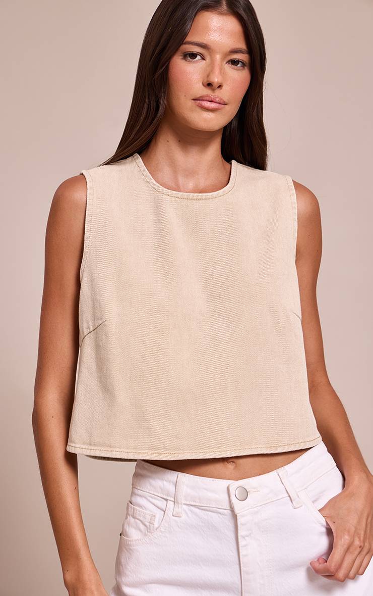 Washed Stone Haut En Denim Boxy À Col Rond