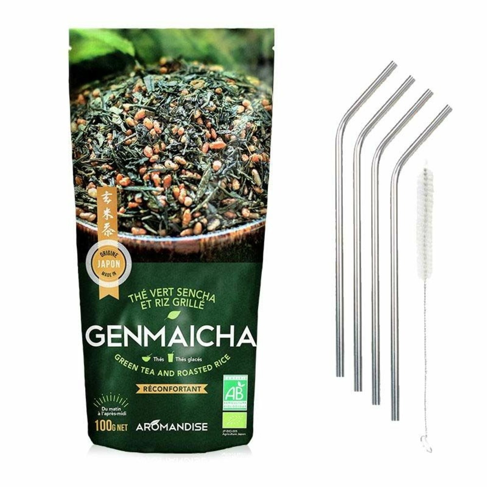 Thé vert bio et riz complet genmaicha 100 g + 4 pailles en inox