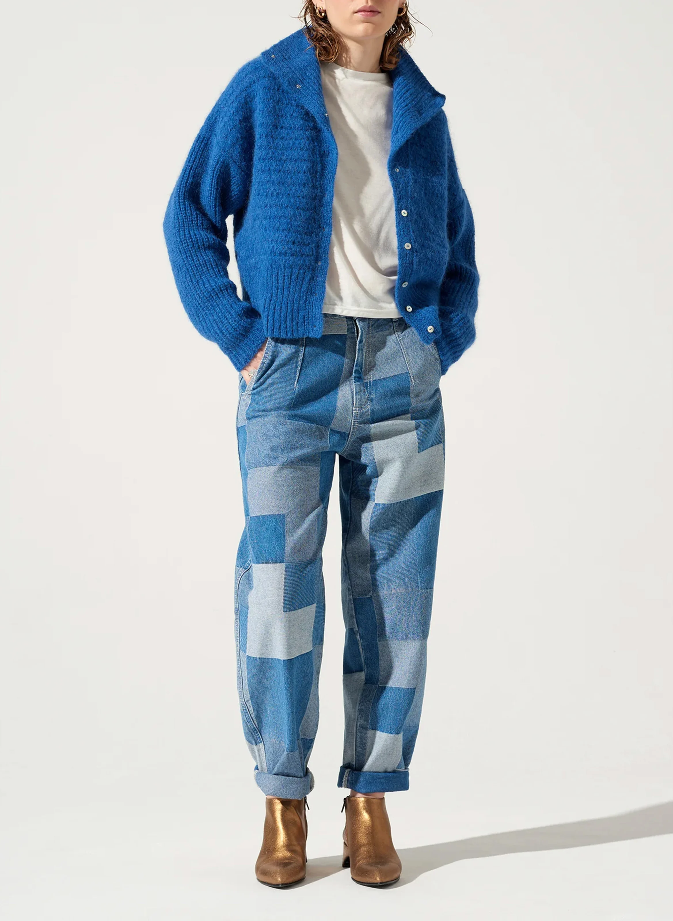 Gilet col montant en alpaga et coton mélangés | Bleu