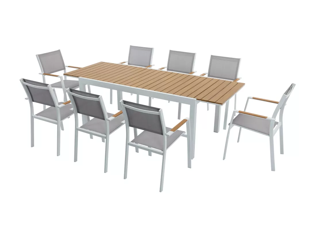 Salle à manger de jardin en aluminium et polywood : une table extensible L.170/230 cm et 8 fauteuils empilables - Naturel clair et gris - MACILA de MYLIA