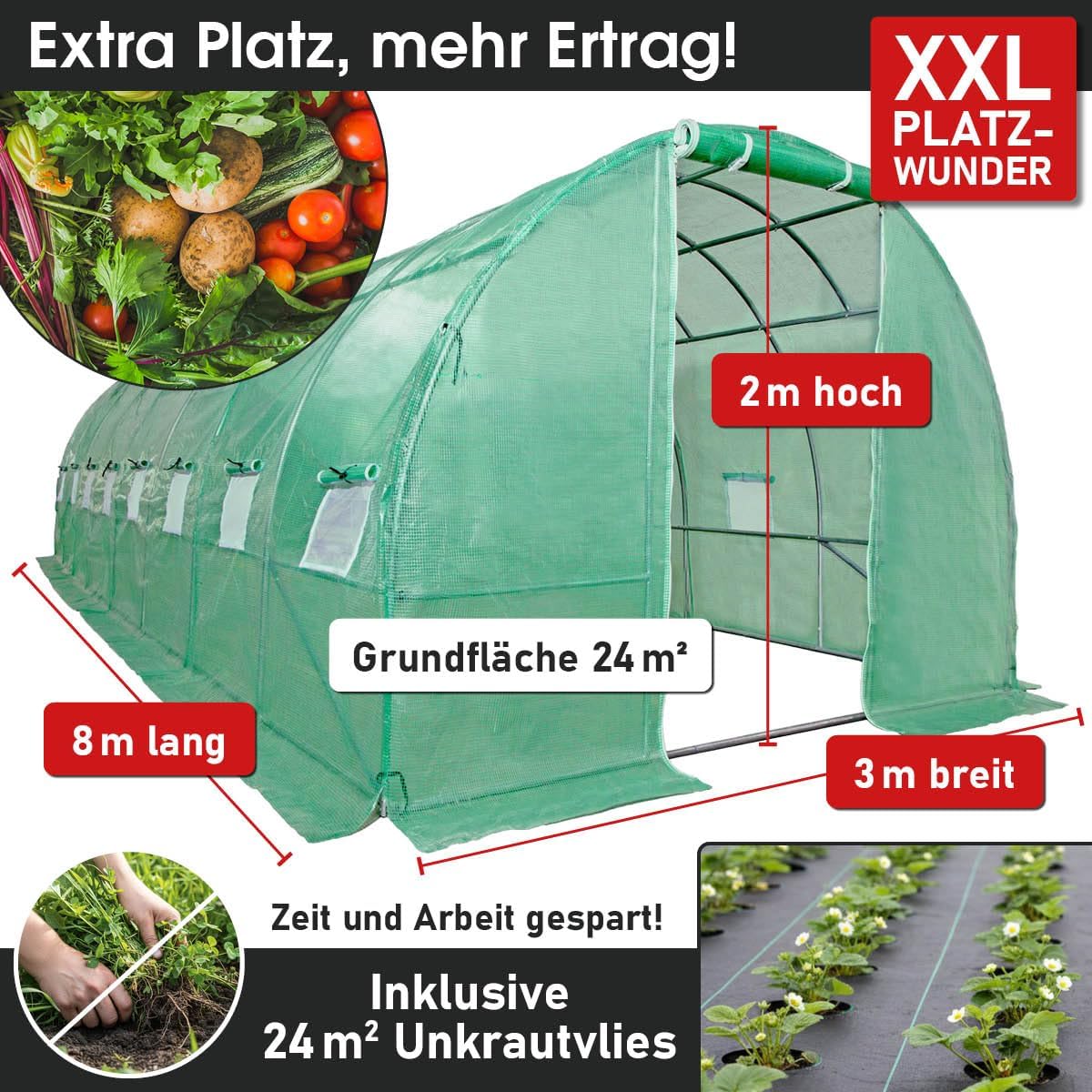 BRAST Gewächshaus Foliengewächshaus mit Stahlfundament | 2x3m - 3x8m | inkl. Erdanker Unkrautvlies & 16 Aufrollbare Fenster mit Moskitonetz | UV-stabilisierte Gitterschutzfolie 200g/m² | 300x800cm