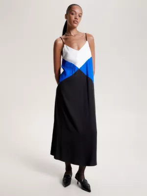 Vestido longo slip com estampa argyle em blocos de cores.