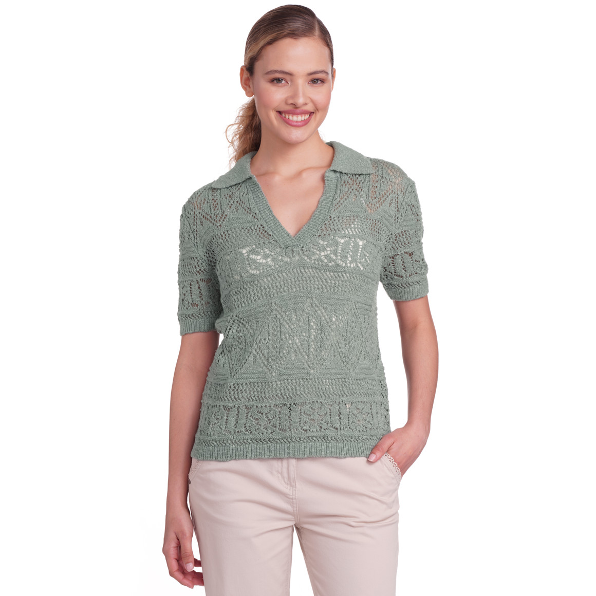 Gina Damen Strickshirt  mit Ajour-Muster dunkelgrün