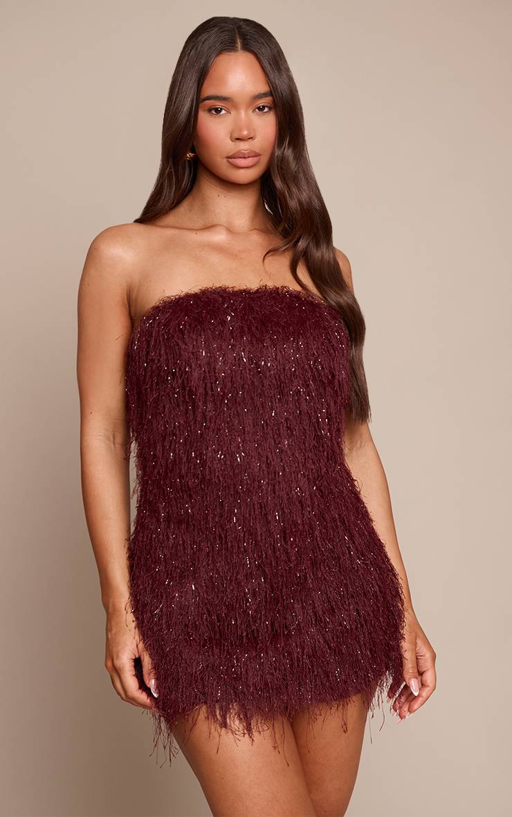 Rouge Bordeaux Robe Moulante Bandeau À Franges Pailletées