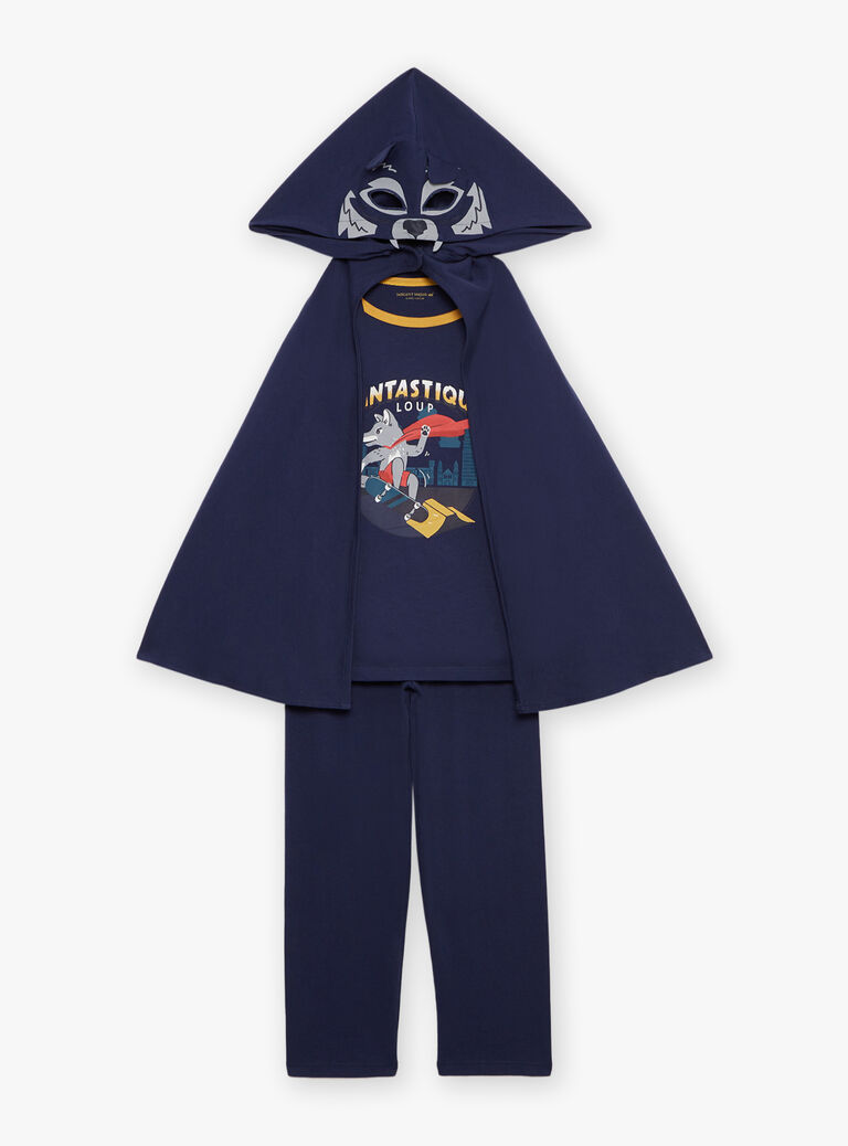 Pyjama deux pièces bleu foncé en coton avec cape tête de loup