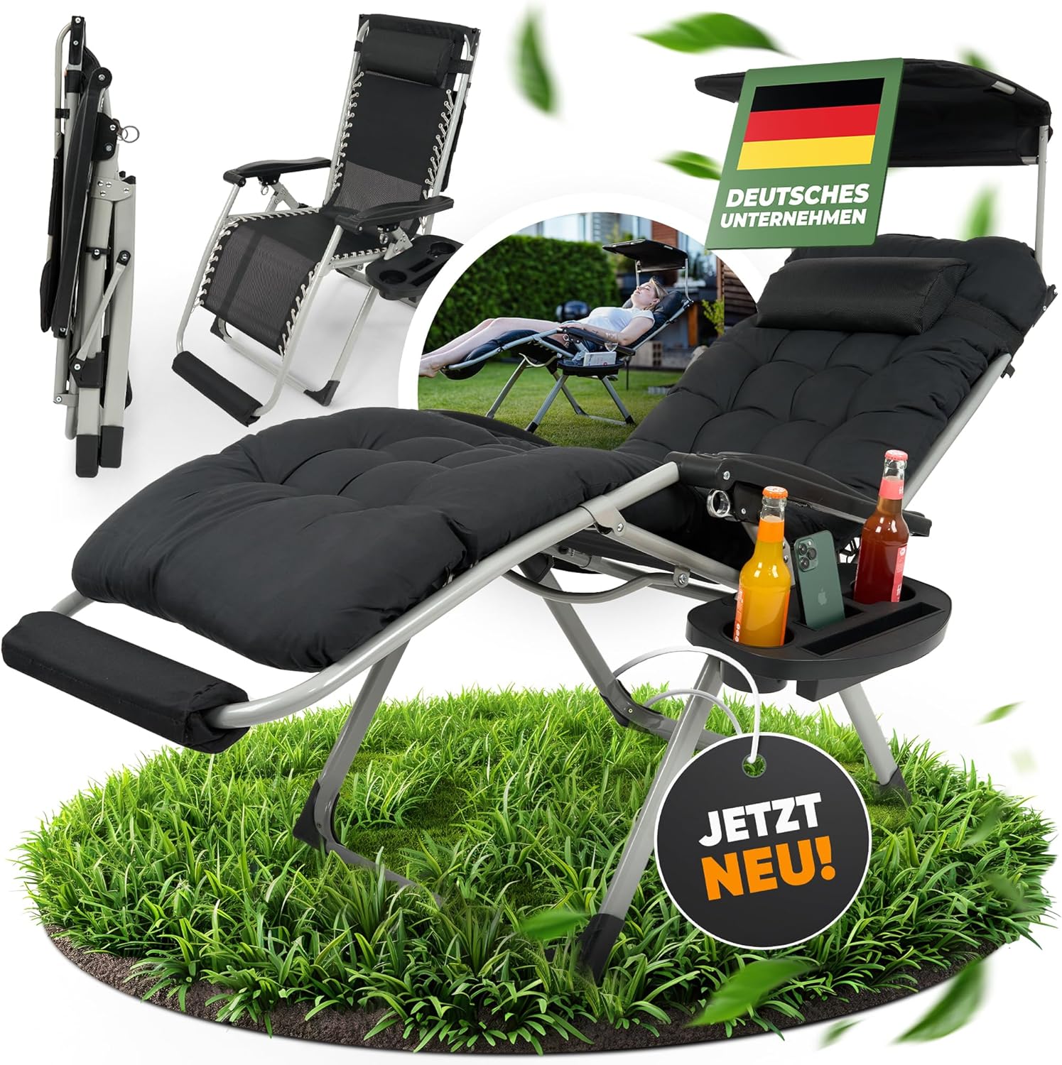 NatureLiving® Sonnenliege Liegestuhl klappbar- Robust, Faltbar & Wetterfest - Gartenliege mit Sonnendach für Garten und Balkon, Klappliege, Balkonliege, Outdoor Liege, Relaxliege, Belastbar 200kg