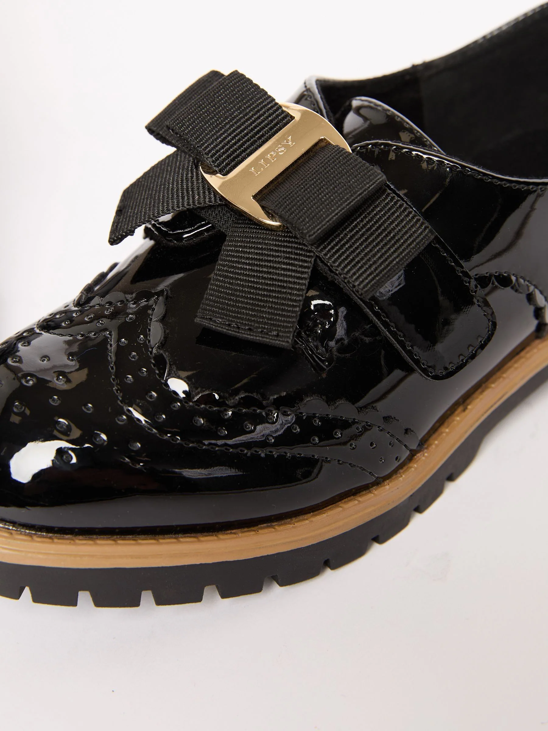 Lipsy Patent Bow Detail Brogue School Velcro Strap Shoes