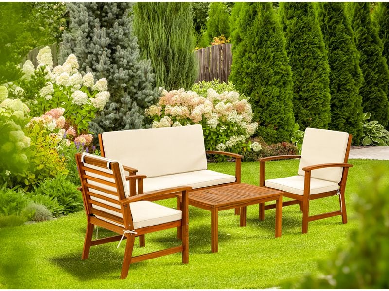 COCON Loungeset Lausanne, Braun/Weiss, 4 Sitzplätze Ein Zweiersofa, zwei Stühle und ein Tisch für Garten, Terrasse oder Balkon