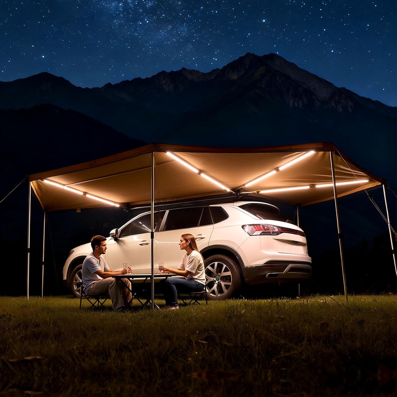 VEVOR Markise Auto, 5,7x3,87x2,1 m, 270°-Markise mit integrierten LED-Leuchten, Sonnensegel, UV50+, freistehende Allwetter-Automarkise, Sonnenunterkunft für SUV & LKW, ideal für Camping