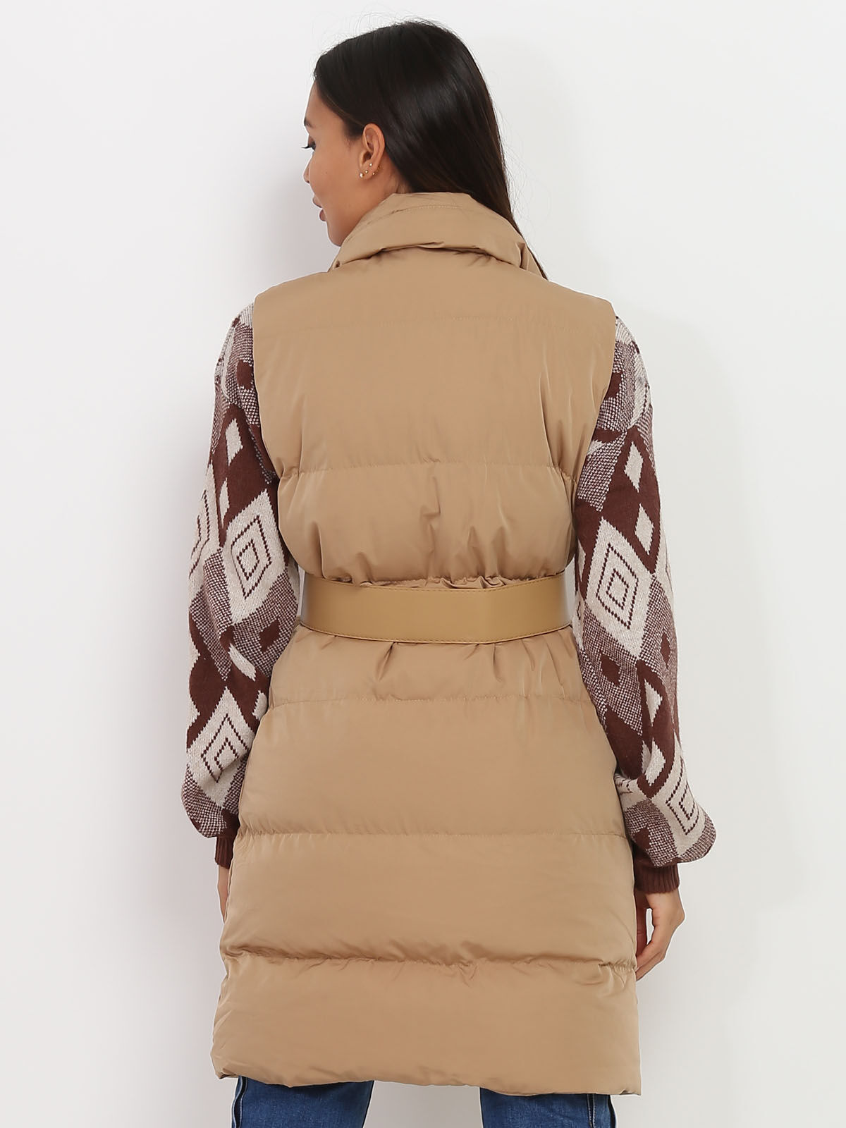 Doudoune sans manches avec ceinture- Camel