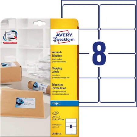 Avery Zweckform J8165-25 Versandetiketten,A4 99,1 x 67,7 mm, 25 Bogen/200 Etiketten, weiß
