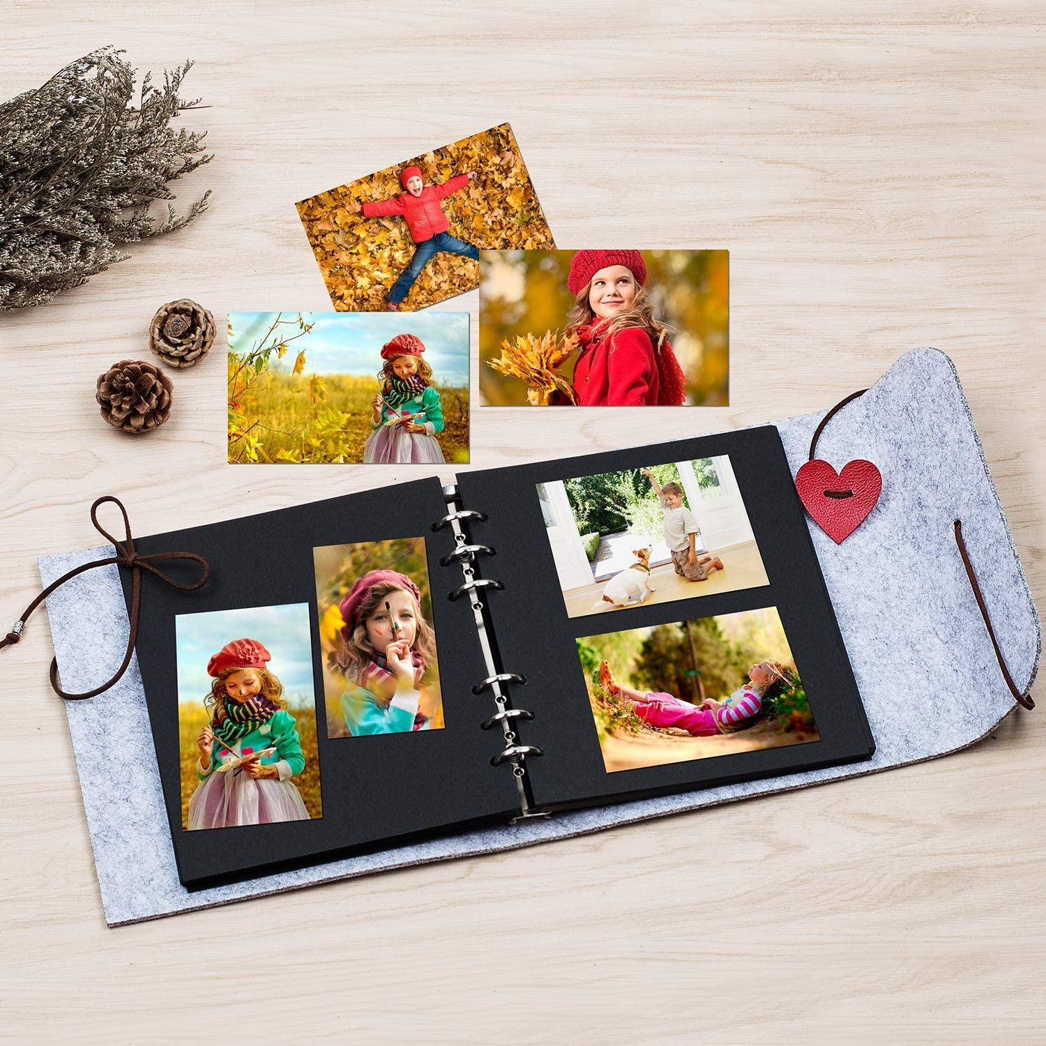 (25x25cm) Spiral Album im Filz Cover 30 Seiten DIY Foto Buch mit Lederband Verschluss - Grau
