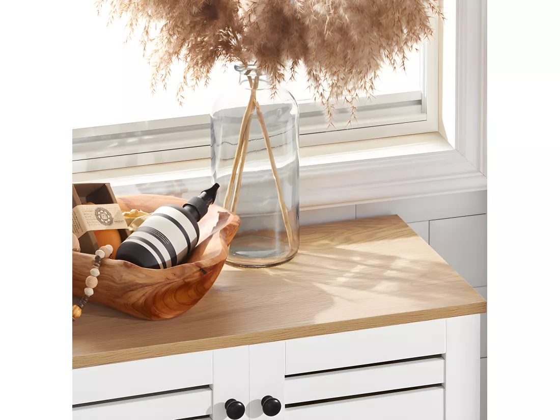 Meuble Bas Placard De Rangement Armoire Meuble De Salle De Bain Avec 2 Portes Persiennes, BZr41-w