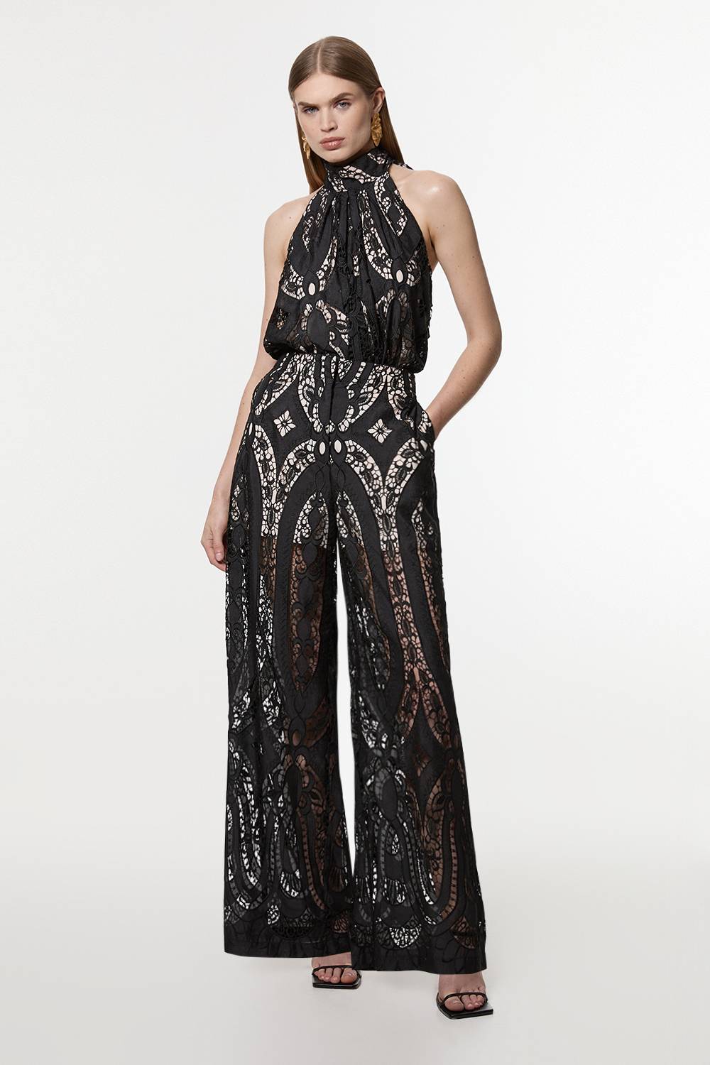 KarenMillen Pantalon pour femmes grandes en georgette transparente à découpes, tissé, à jambes larges