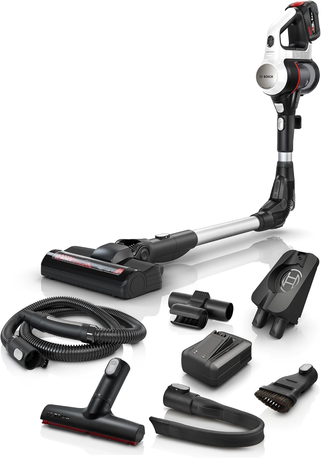 Bosch Akku-Staubsauger Unlimited 7 BSS715CARP, kabellos, Knickrohr, Hygiene-Filter, 10 Jahre Motorgarantie, 5.0 Ah Akku, Schnellladegerät, XXL-Polsterdüse, Turbostufe, Made in Germany, weiß