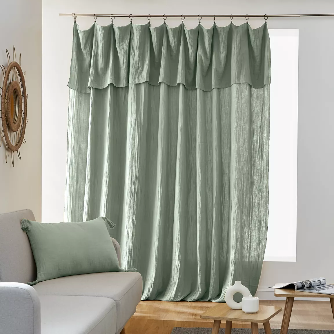 Rideau gaze de coton ajustable (280 x max 300 cm) Gaïa Vert eucalyptus