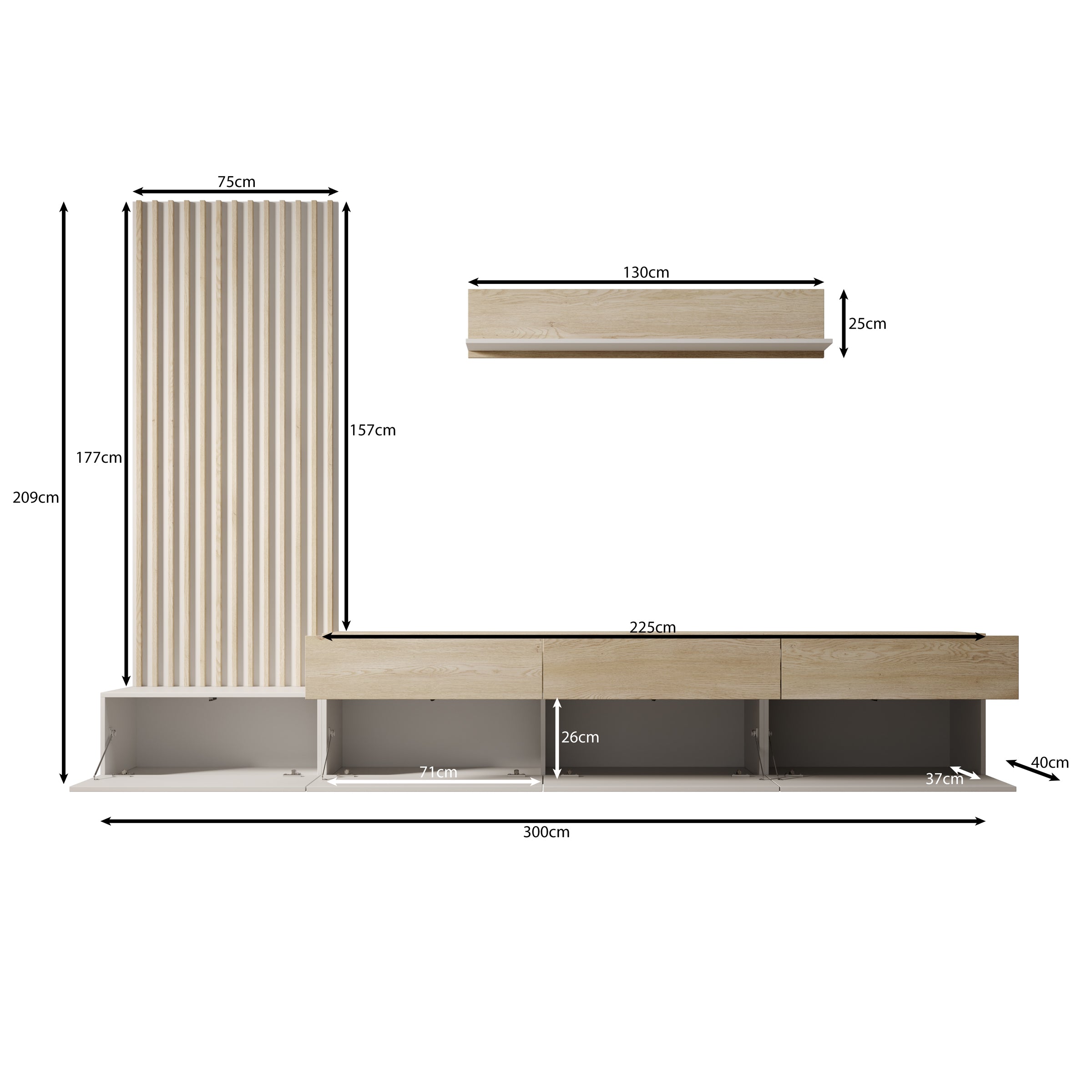 Nobu - Wandmeubel - Grijs/Eikenpatroon - 300x40x209 cm