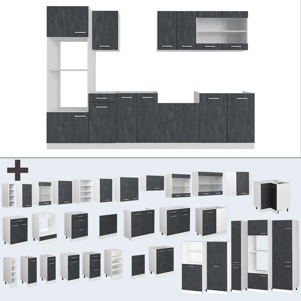 Vicco Küchenzeile R-Line 300 cm Schwarz Beton Weiß ohne Arbeitsplatte