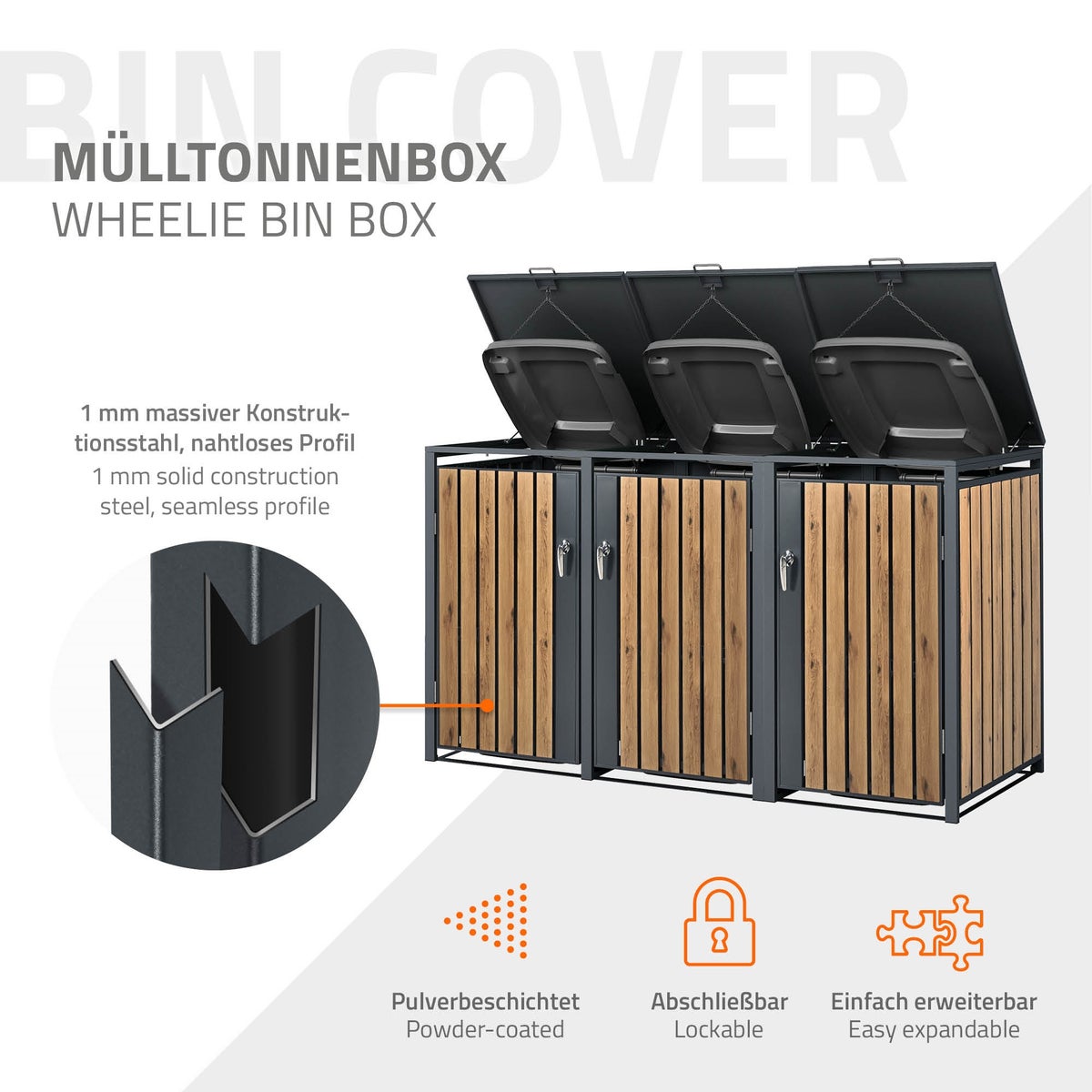 ML-Design 3-baks afvalcontainer, 3 bakken, 240L per stuk, 200x80x116,3cm, antraciet eiken look, staal, weerbestendig/afsluitbaar, afvalbakbehuizing met klapdeksel/3 deuren, afvalbakbox, afvalbakcontainer, afvalbakdeksel