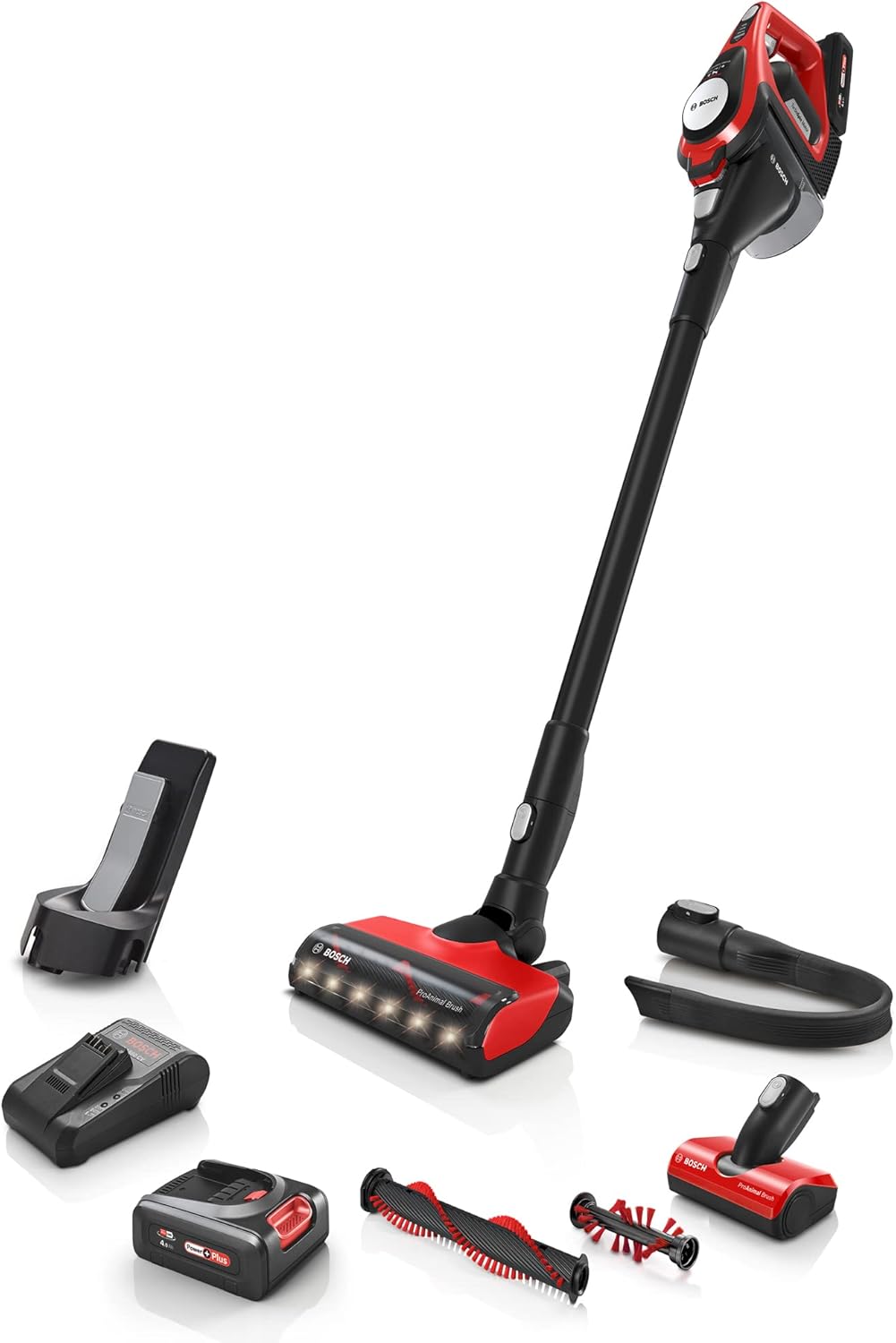 Bosch Akku-Staubsauger Unlimited Gen2 Serie 8 ProAnimal BCS8224PET, Tierhaar-Staubsauger, beutellos, bis 65 Min Laufzeit, mit Wechselakku, Schnellladegerät, Hygiene-Filter, Tierhaar-Bürstenrolle, rot