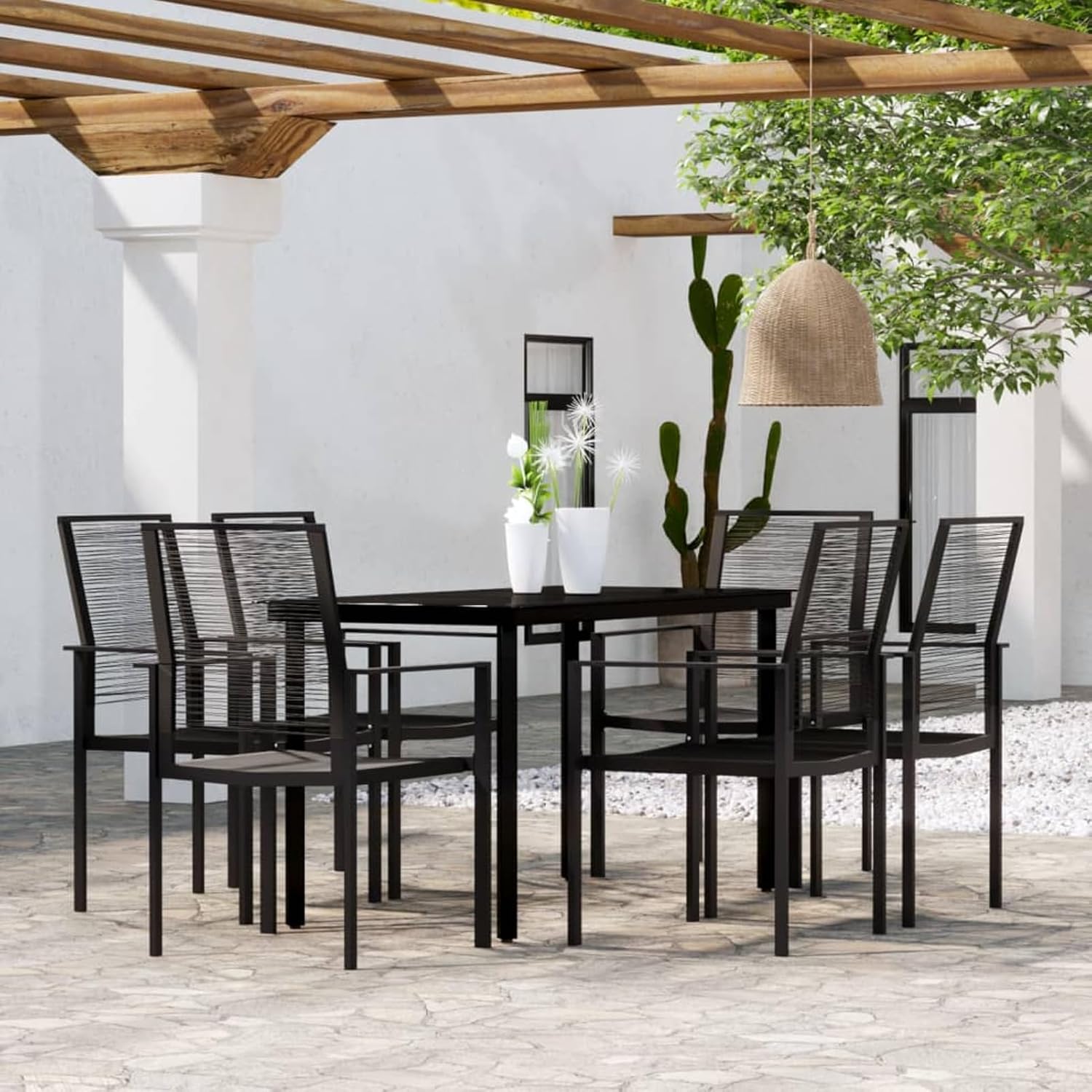 7-teilig Garten-Essgruppe Schwarz | Pulverbeschichteter Stahl & Glas | 140x70x74 cm | Sitzm?Bel für Au?enbereich Model3099200
