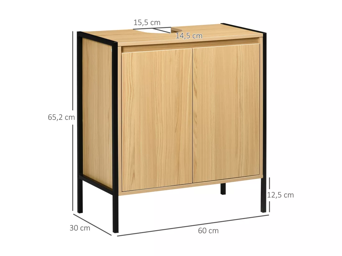 Meuble salle de bain - meuble sous-vasque - 2 portes, étagère réglable - dim. 60L x 30l x 65H cm - châssis acier noir panneaux aspect bois clair