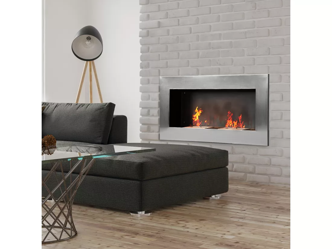 Cheminée bioéthanol murale design Bauhaus double brûleur 3 L 110L x 14l x 54H cm couverture 25-30 m² acier inox. brossé