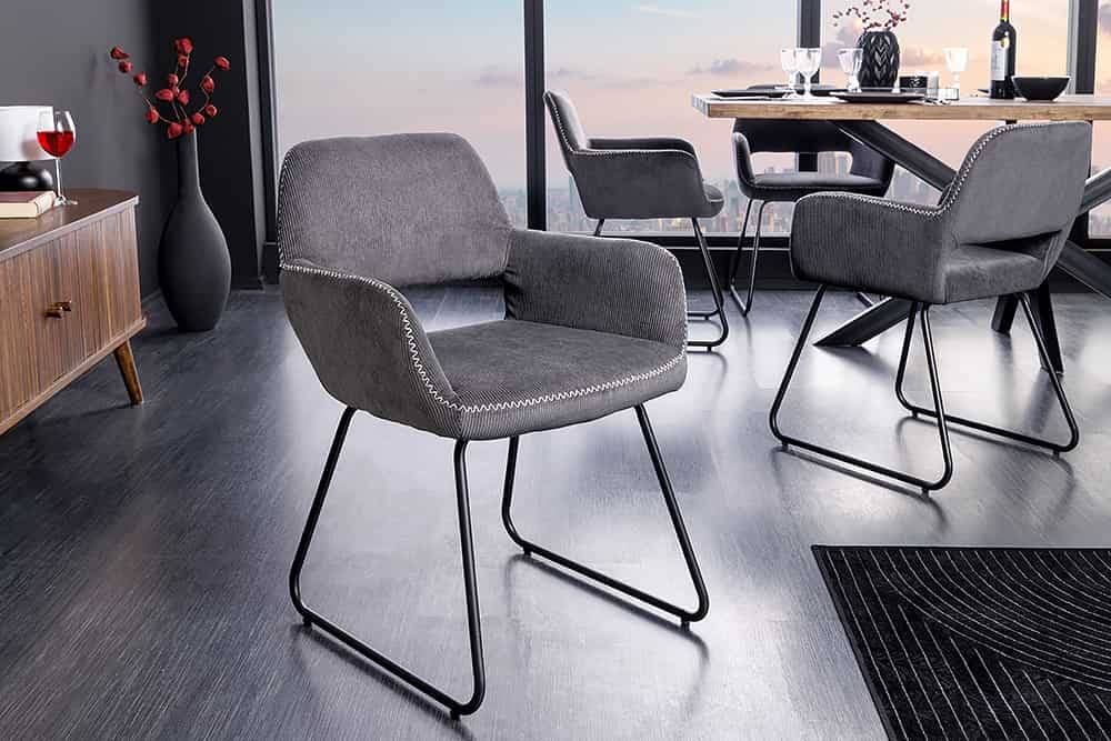 Design Stuhl MUSTANG grau Cord mit Armlehne schwarz Metall