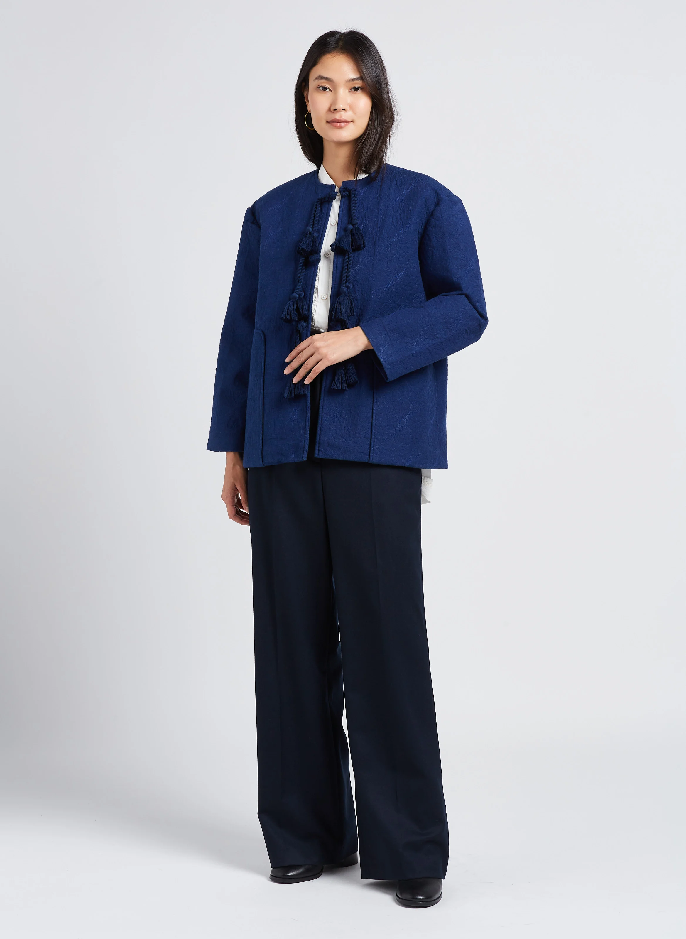CLOCHE - Pantalon taille haute large en laine | Bleu