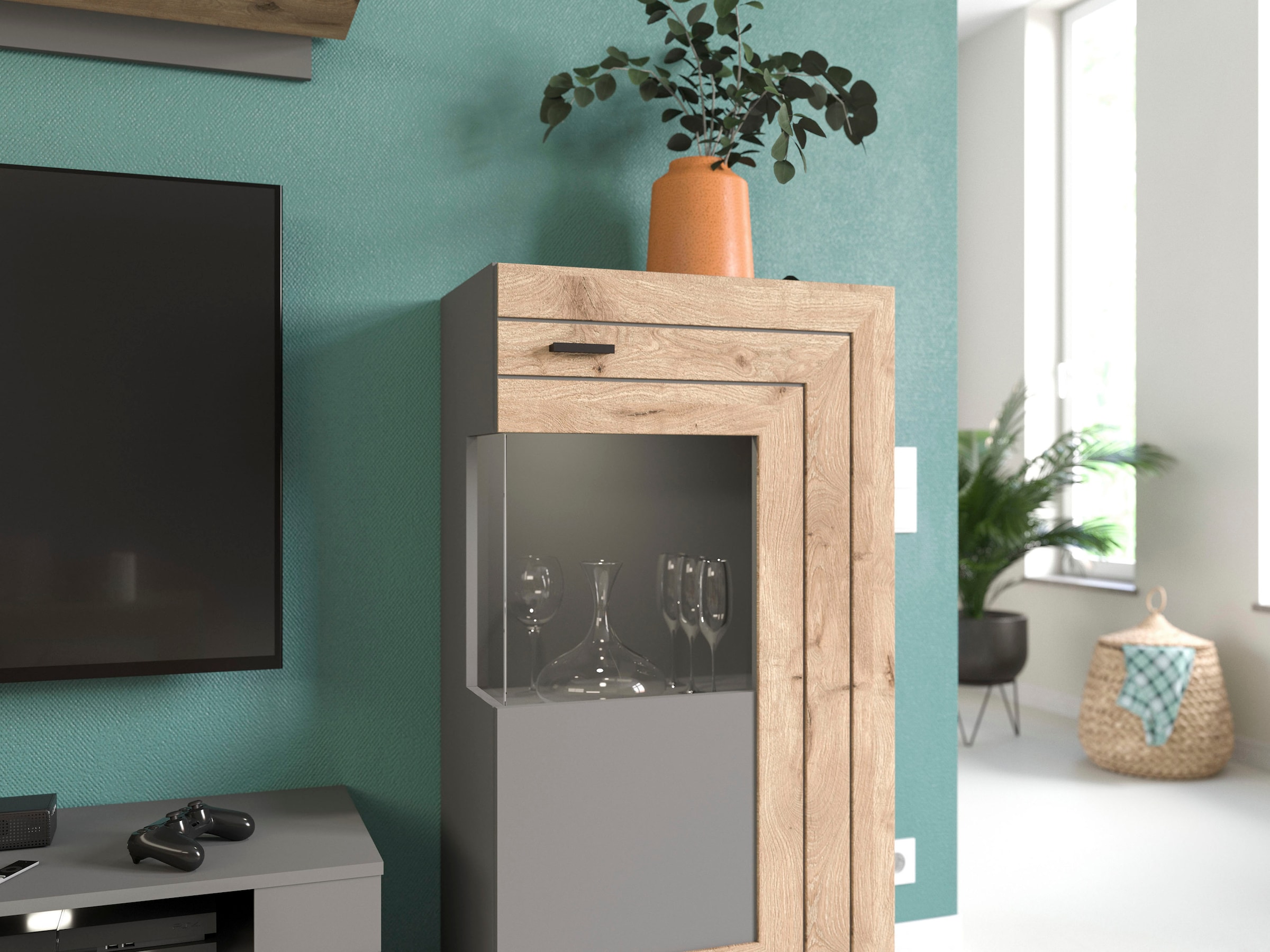 INOSIGN Vitrine »Aalborg, Höhe 118 cm, 1 Glastür, 2 Fächer, 2-farbig, Metallgriffe« Anrichte, Schrank, Kommode, Midischrank, Wohnmöbel, Wohnzimmer