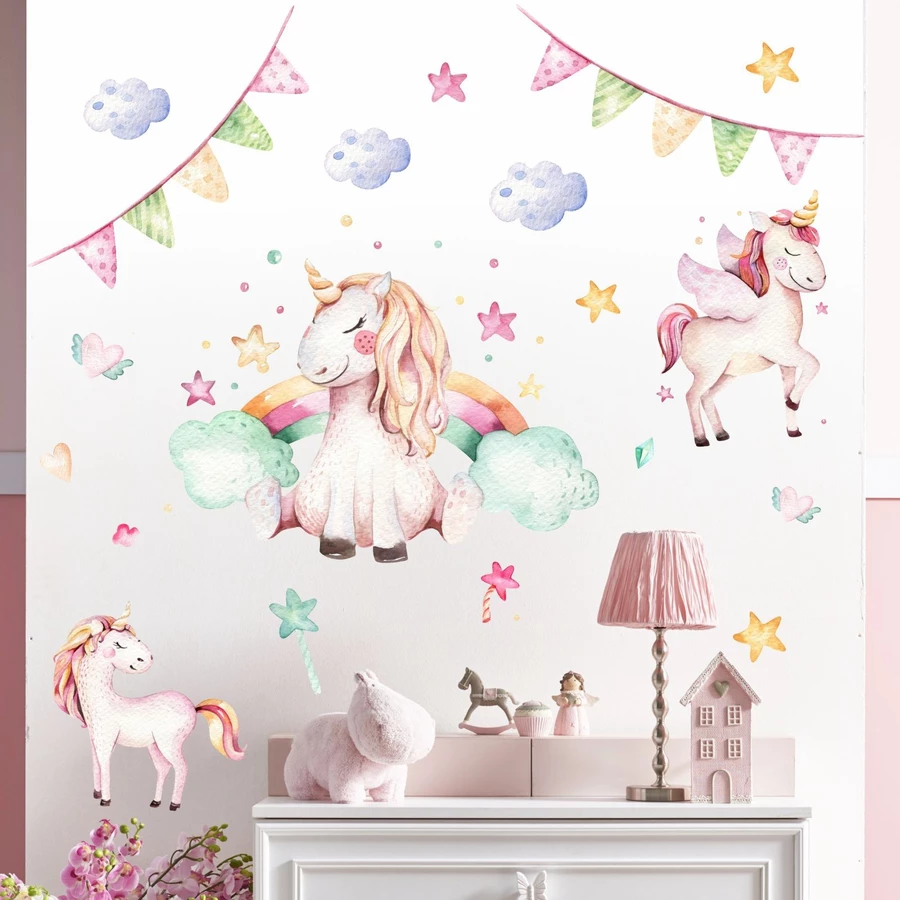 Nikima Wandtattoo 074 Wandtattoo Einhorn pastell Regenbogen bunt
