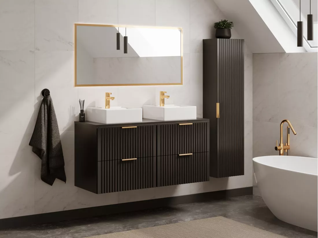 Meuble de salle de bain suspendu strié avec vasque à poser et colonne - Noir - 120 cm - ZEVARA