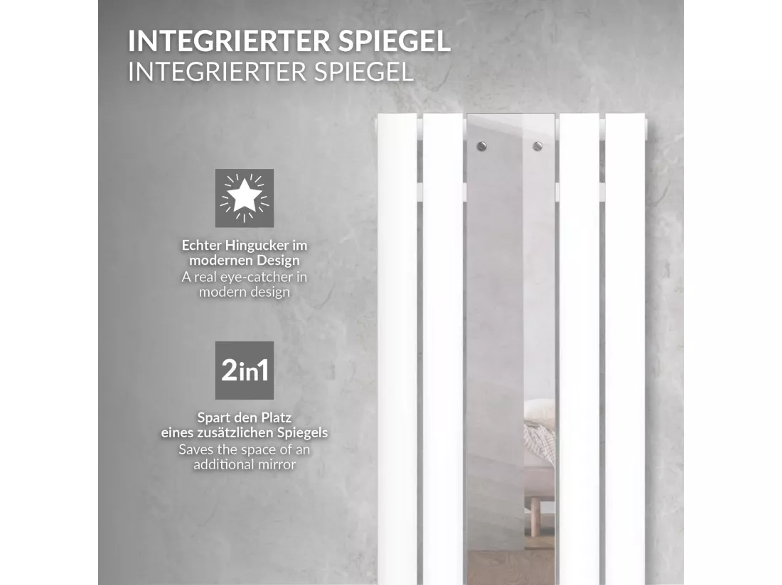Radiateur plat vertical blanc 45x120 cm + miroir et kit raccordement universel