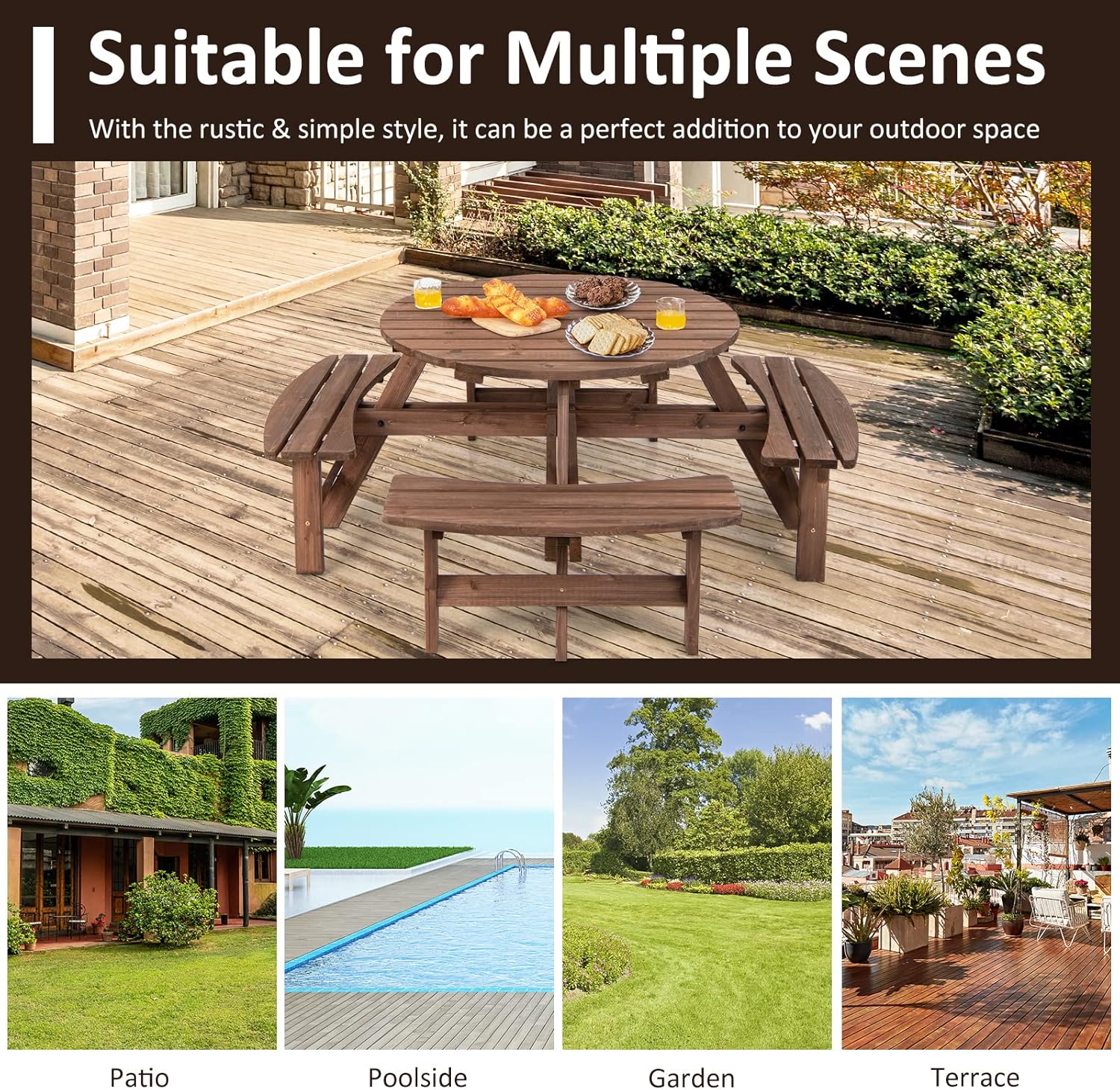 GIANTEX Gartenmöbel Set Holz 8 Personen, Garten Sitzgruppe 4 Bänken & 1 Gartentisch, Picknicktisch mit Schirmloch, Bierzeltgarnitur Bierbankgarnitur Biertischgarnitur Massiv Tannenholz wetterfest