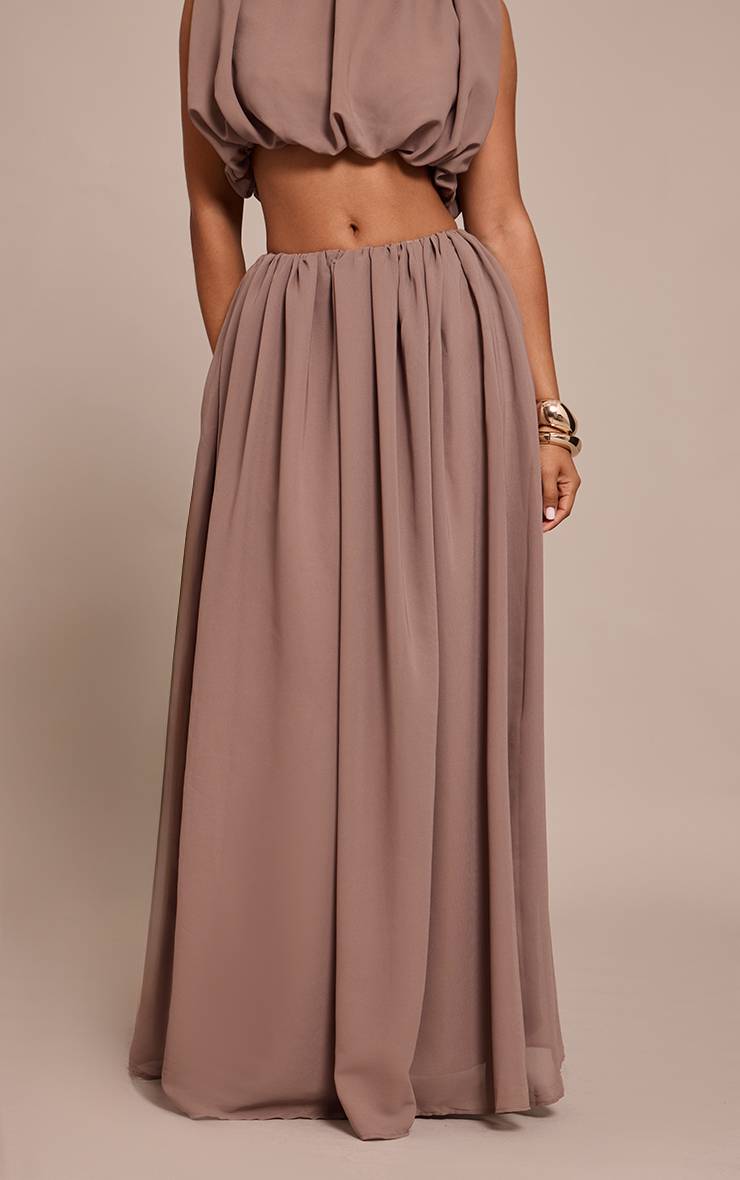 Taupe Jupe Longue Coordonnée En Mousseline À Effet Bouffant Petite Taille