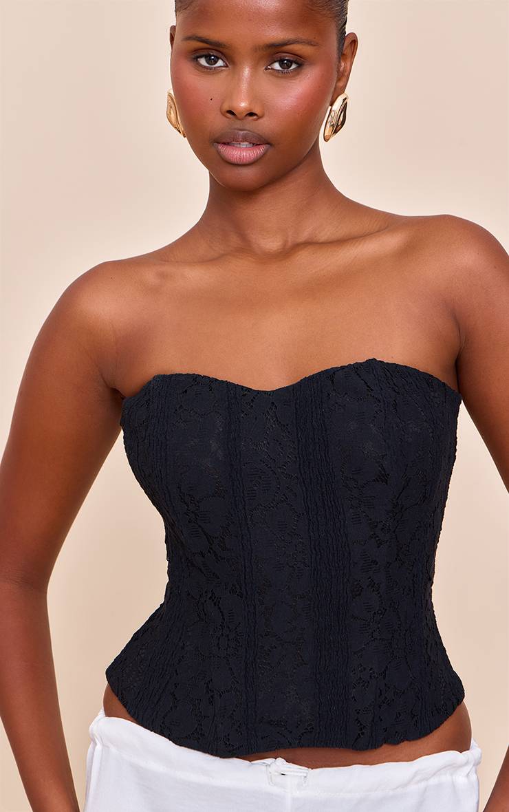 Noir Top Corset Bandeau À Baleines En Dentelle