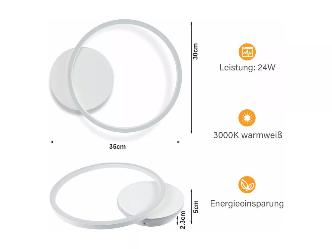 NETTLIFE Plafonnier LED Salon 24W Noir Moderne 2 Anneaux 3000K Blanc Chaud