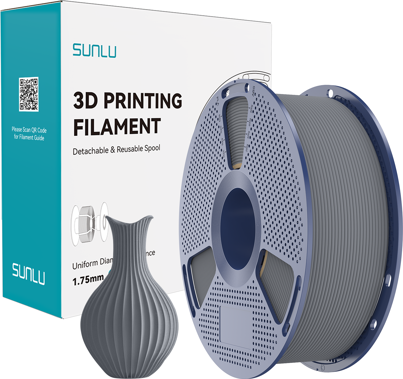 SUNLU  PLA Classic Grey, 1,75 mm / 1000 g    High Speed PLA mit mattem Finish in Grey