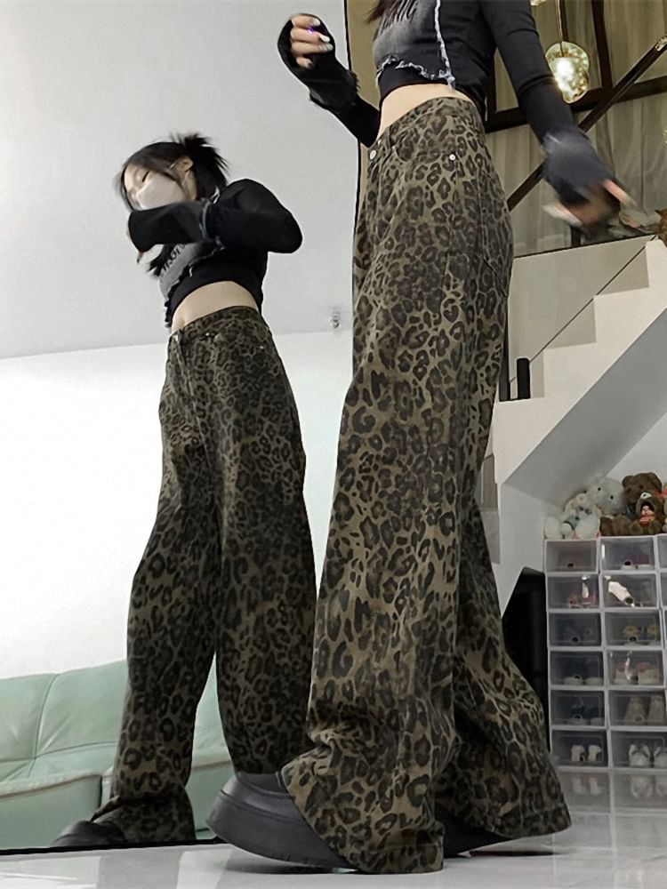 Saccharine - Mid Rise Leopard Print Wijde Broek