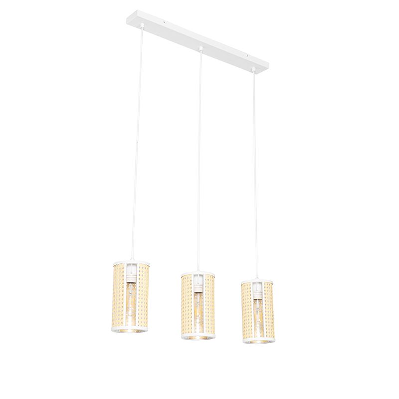 Oosterse hanglamp wit met rotan 3-lichts langwerpig - Akira