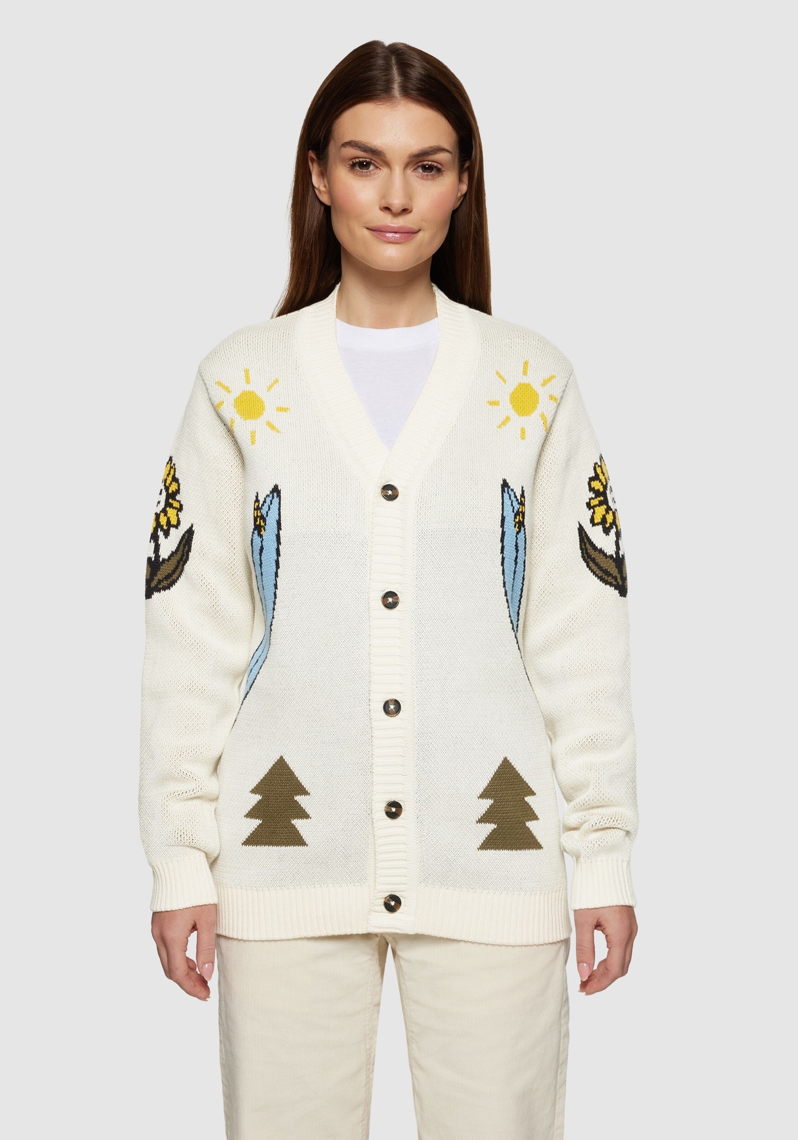 Knowledge Cotton Apparel Cardigan Jacquard Trees Yes Please Egret