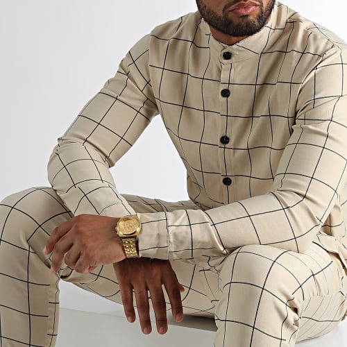Ensemble Chemise Manches Longues Et Pantalon Carreaux Beige