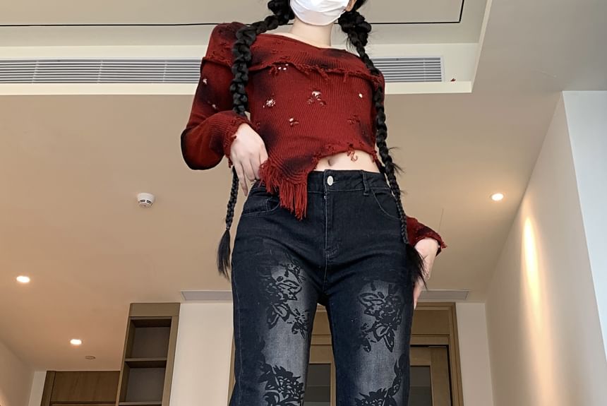 Porstina - Mid Rise Floral Washed Bootcut Jeans