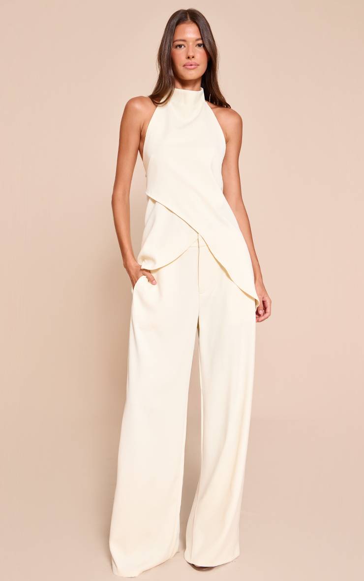 Pale Yellow Pantalon Droit Ajusté En Tissu Tissé Crème Beurre