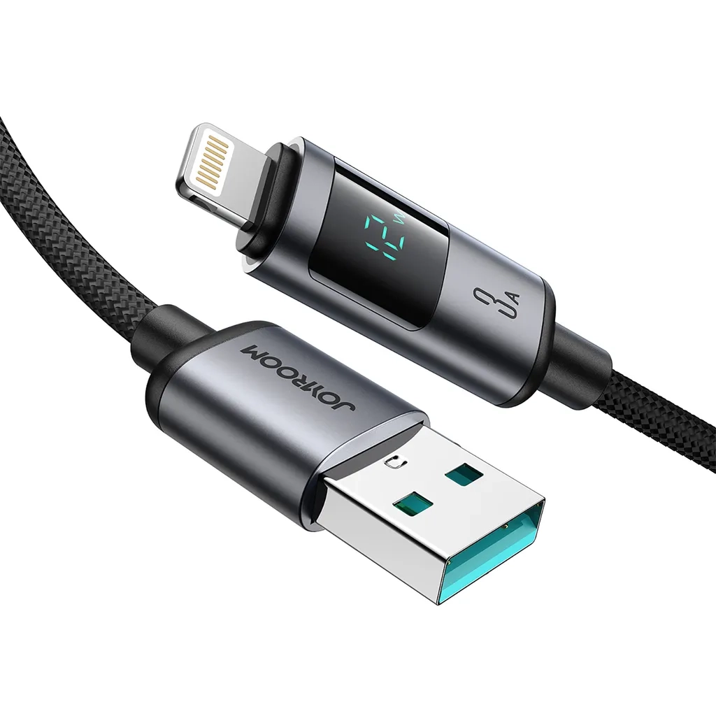 (1.2m) 12W/3A USB A auf Lightning Ladekabel Nylon Datenkabel mit LED Spannungs Anzeige - Schwarz