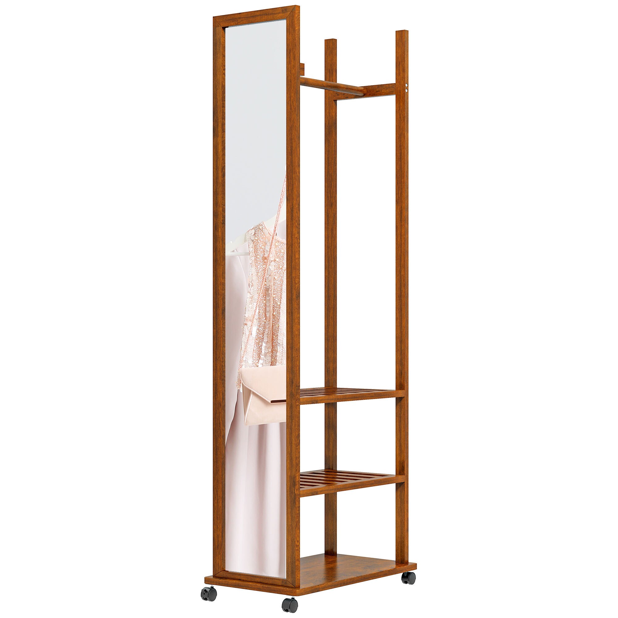 HOMCOM Standspiegel mit Regal und Rollen natur 35,8L x 59,8B x 170H cm